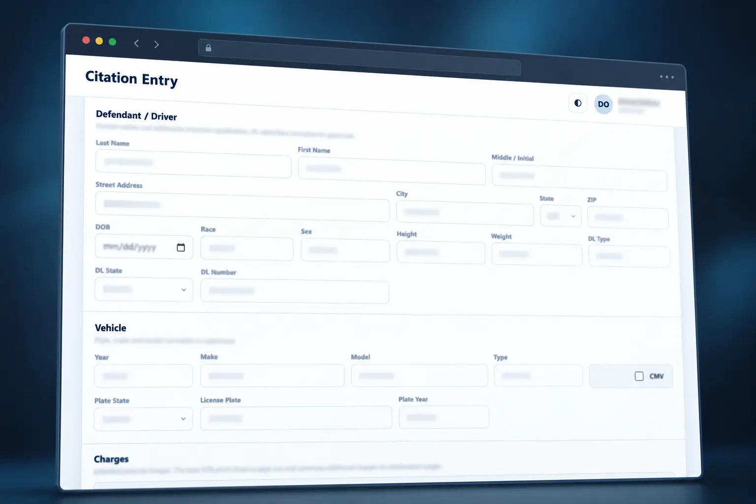 Protected preview of the Citation Platform citation entry interface showing organized driver, vehicle, and charge sections
