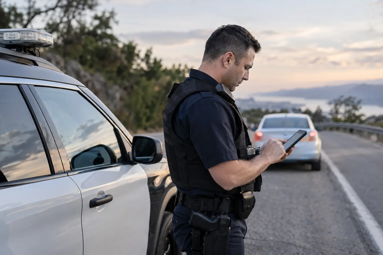 Officer using a smartphone companion device beside a patrol vehicle during a routine roadside workflow