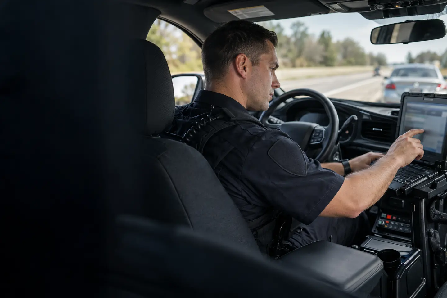 Patrol officer using a mobile data terminal during a routine roadside workflow